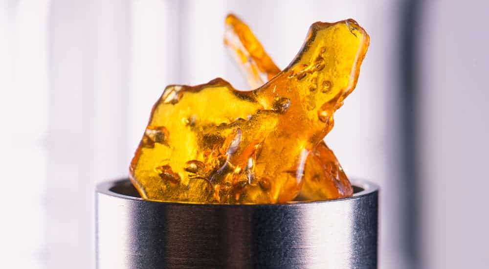 A close up of shatter, a form of cannabis concentrate, is shown.