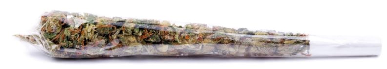 Cannabis is shown rolled in clear wrap.