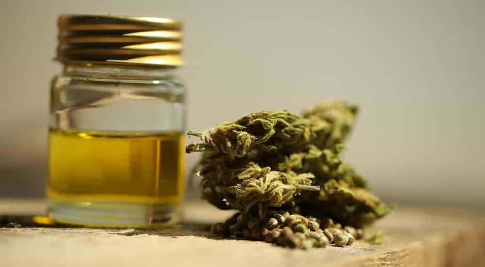 A jar of cannabis oil is shown next to hemp.