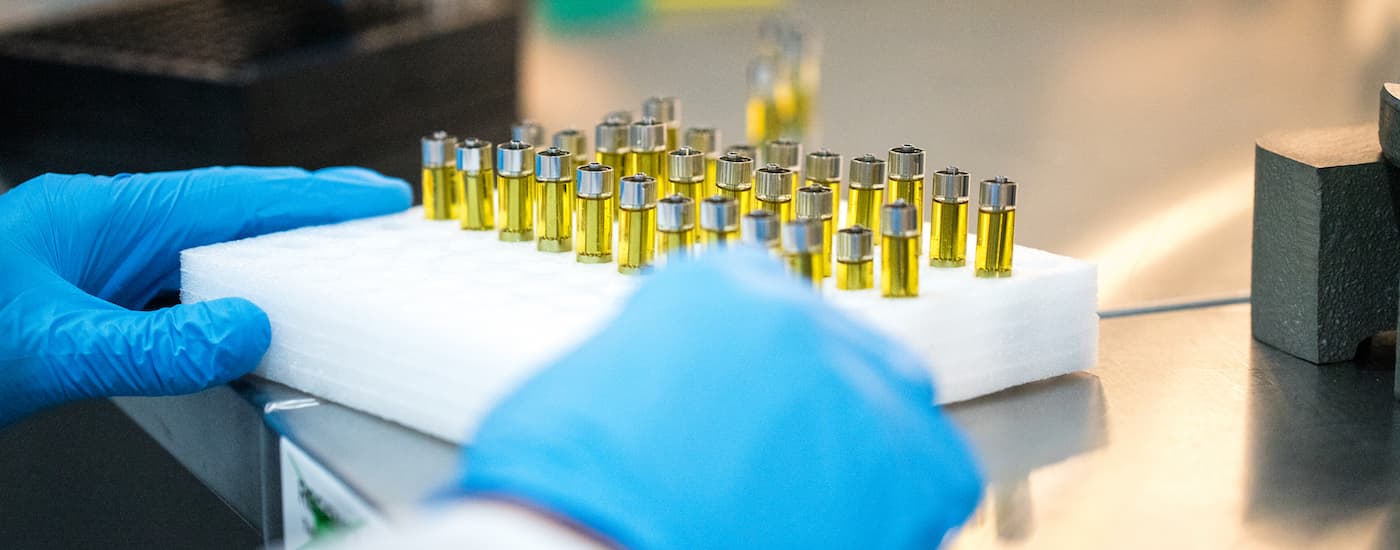 A lab tech is holding a tray of CO2 oil.