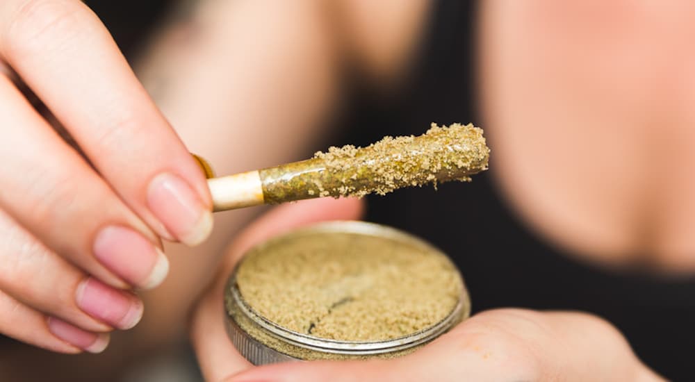 A woman is holding a joint rolled in kief, which is called twaxing.